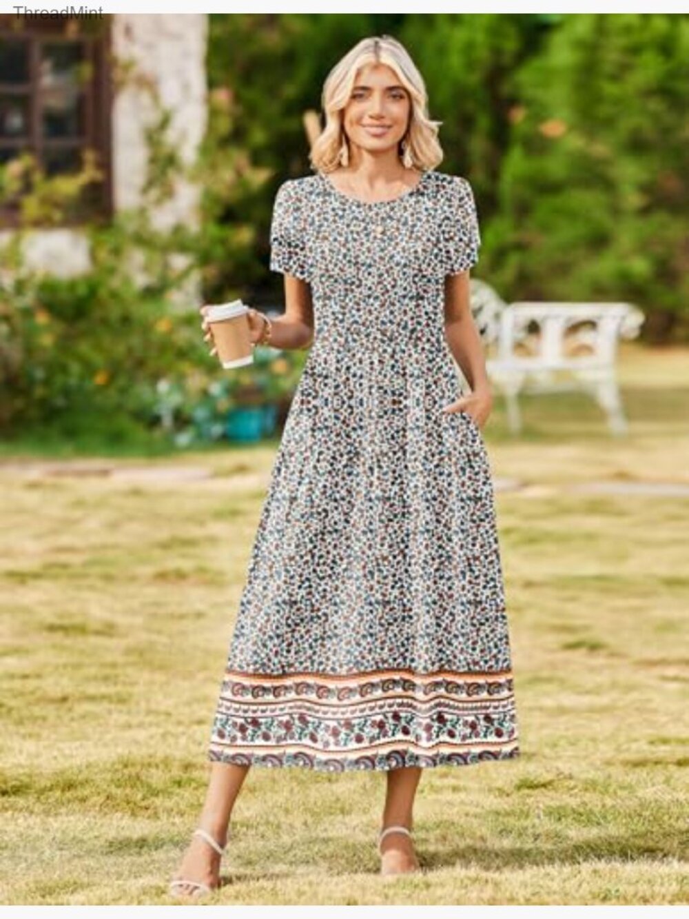 Bohemian Floral Maxi Dress - Short Sleeve Flowy Casual Beach Sundress - Picture 2 of 7